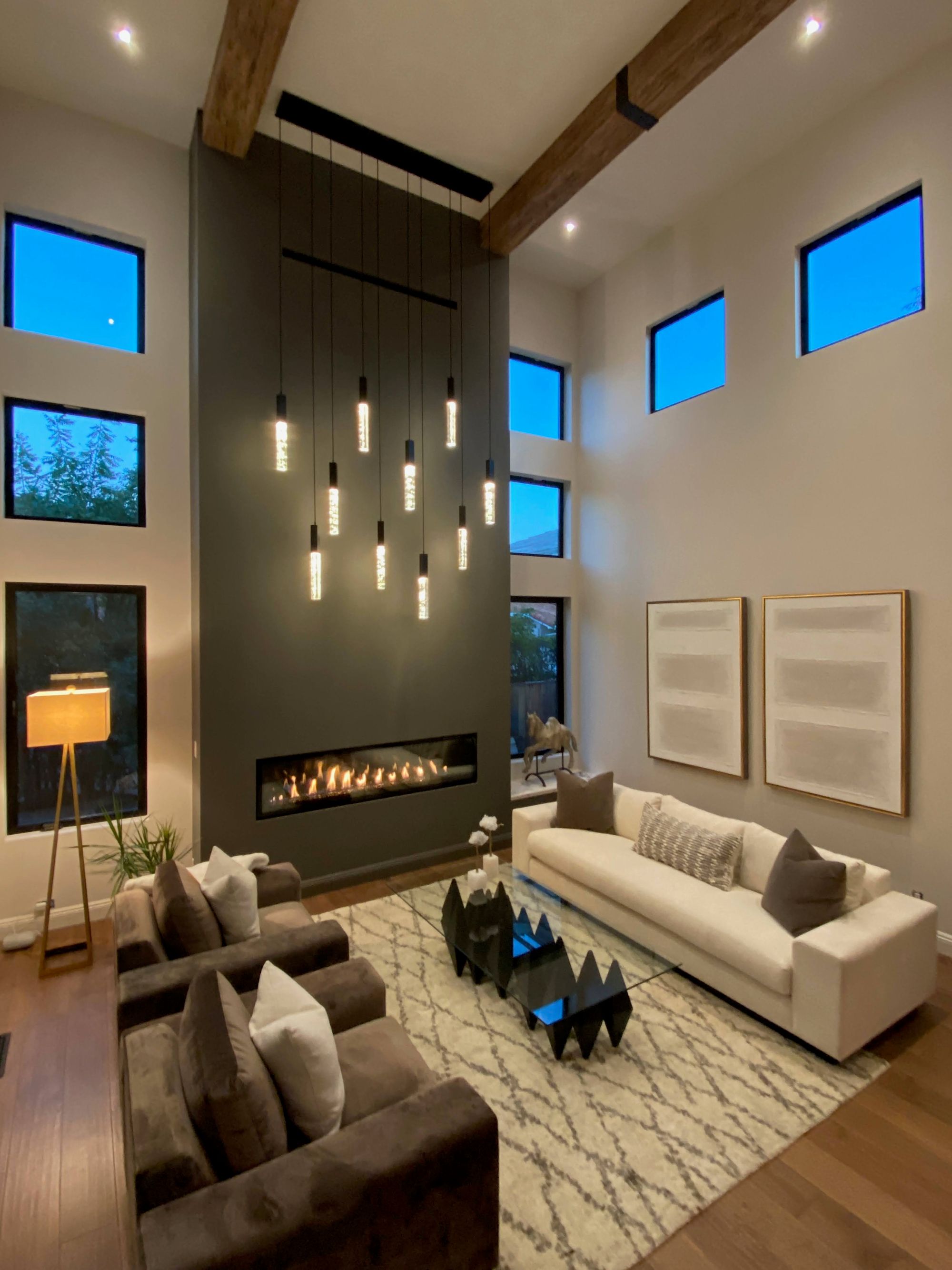 Dusk interior with brass pendant lighting by Debra Kay George